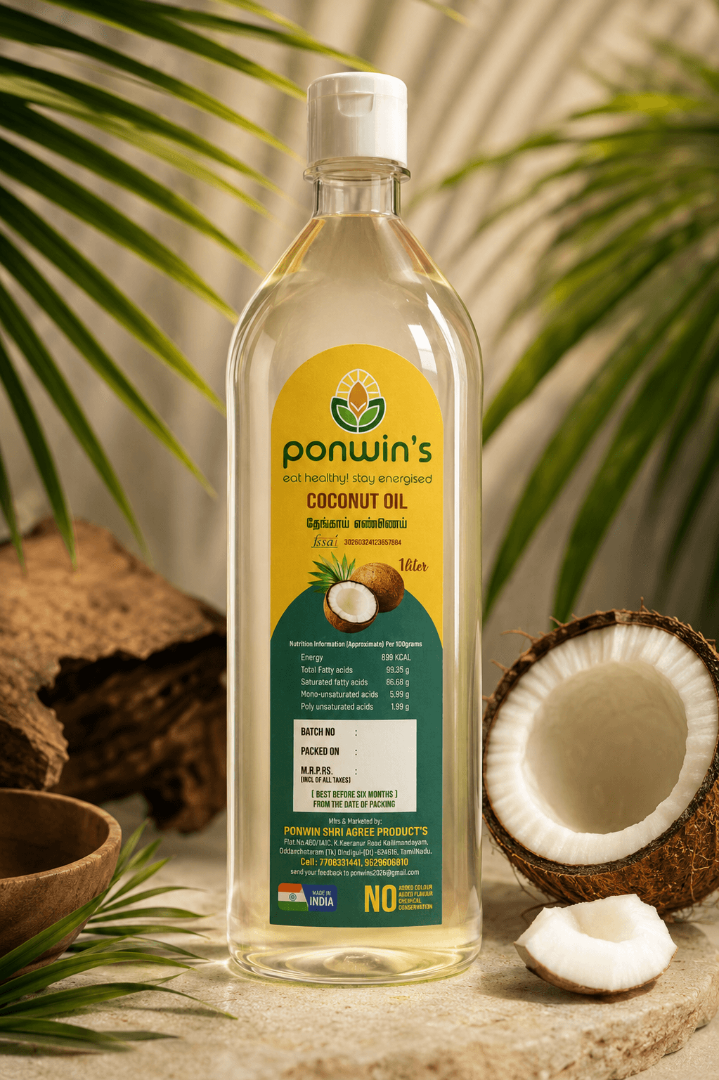 Fresh coconut and Ponwin's coconut oil in warm, natural sunlight