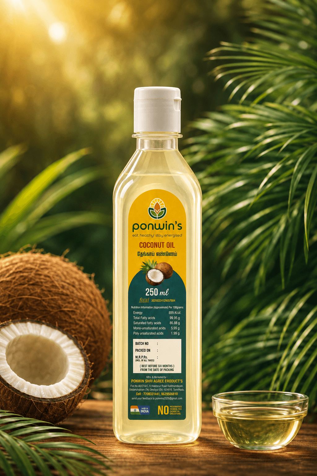 Ponwin's Coconut Oil, 250 ml bottle
