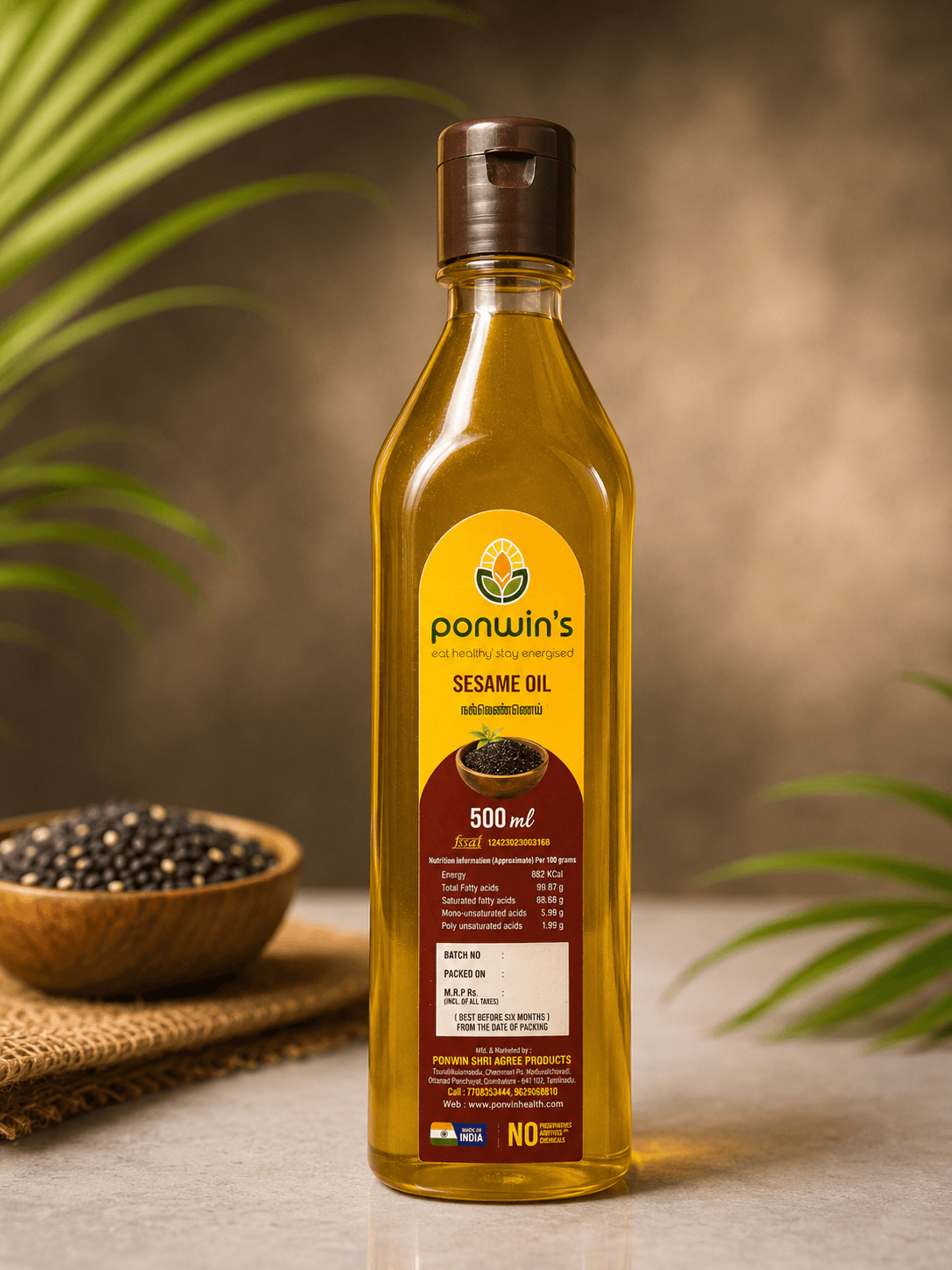 Ponwin's Sesame Oil, 500 ml bottle